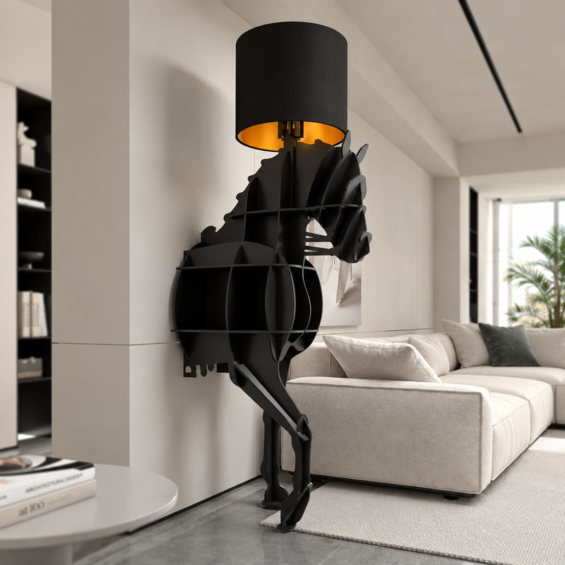 Horse sculpture floor lamp filling a living room corner with a warm glow and bold presence
