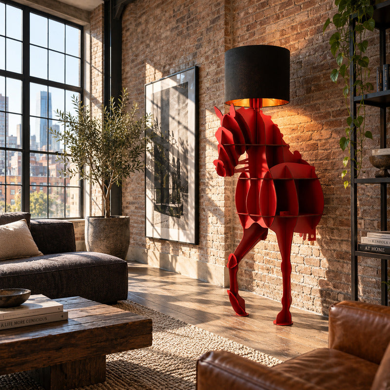 Horse sculpture floor lamp standing as a dramatic centerpiece in a modern living room