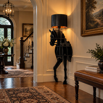 Horse sculpture floor lamp welcoming guests with a striking silhouette in a grand entryway