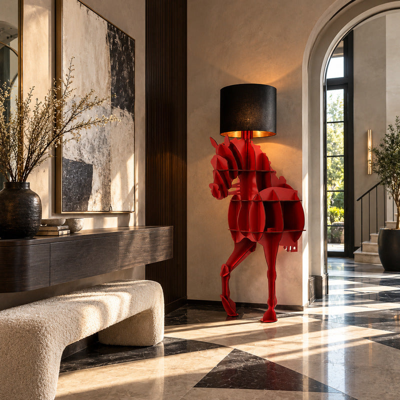 Horse sculpture floor lamp welcoming guests with a striking silhouette in a grand entryway