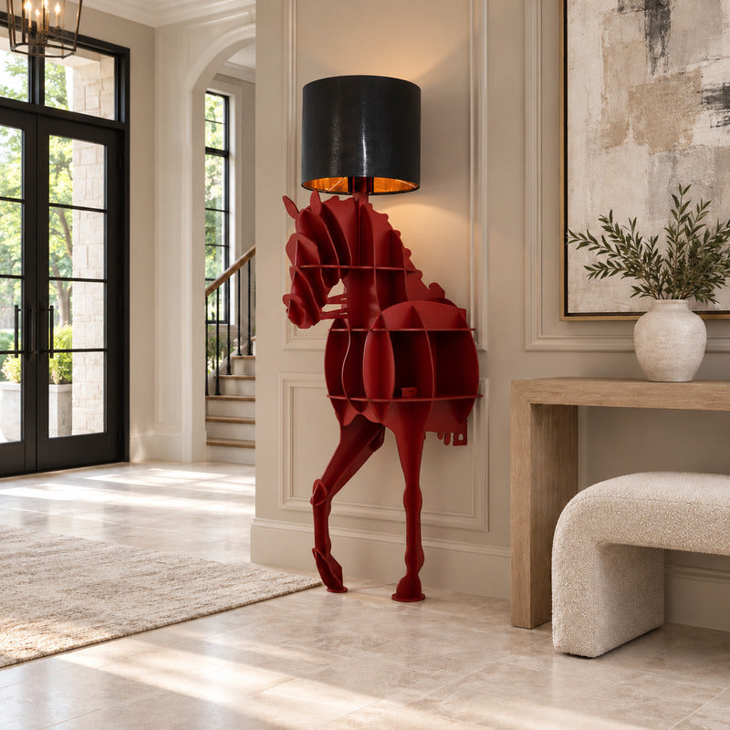 Horse sculpture floor lamp welcoming guests with a striking silhouette in a grand entryway