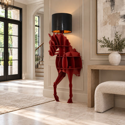 Horse sculpture floor lamp welcoming guests with a striking silhouette in a grand entryway