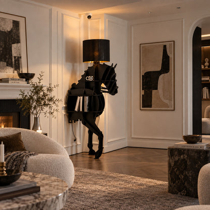 Black Horse sculpture floor lamp bringing a bold artistic presence to a den or home office