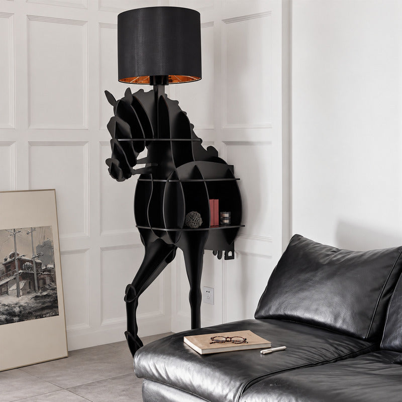 Horse sculpture floor lamp standing as a dramatic centerpiece in a modern living room
