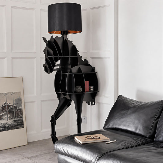 Horse sculpture floor lamp standing as a dramatic centerpiece in a modern living room