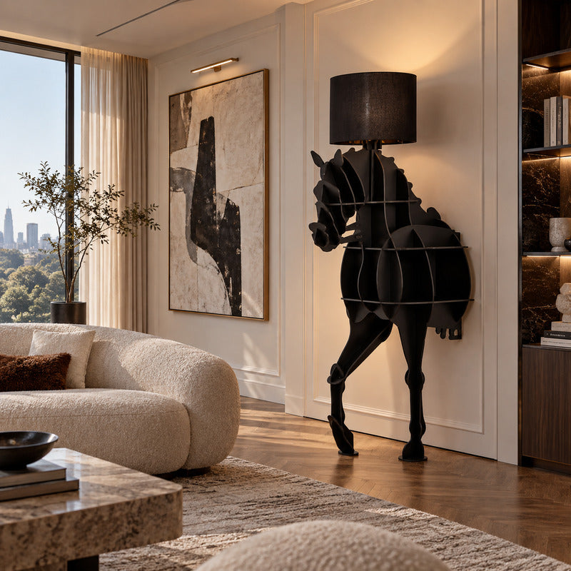 Tall Horse sculpture floor lamp anchoring a double-height living room with bold presence