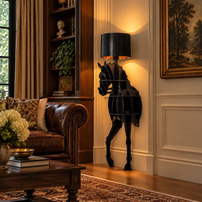 Black Horse sculpture floor lamp bringing a bold artistic presence to a den or home office