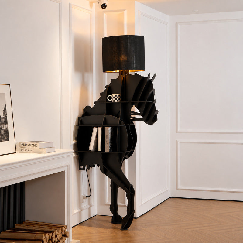 Horse sculpture floor lamp filling a living room corner with a warm glow and bold presence