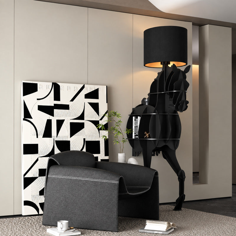 Horse sculpture floor lamp standing as a dramatic centerpiece in a modern living room