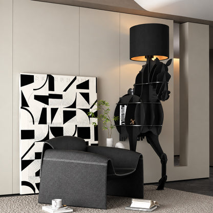 Horse sculpture floor lamp standing as a dramatic centerpiece in a modern living room