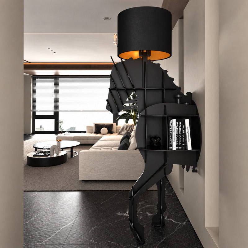 Horse sculpture floor lamp filling a living room corner with a warm glow and bold presence