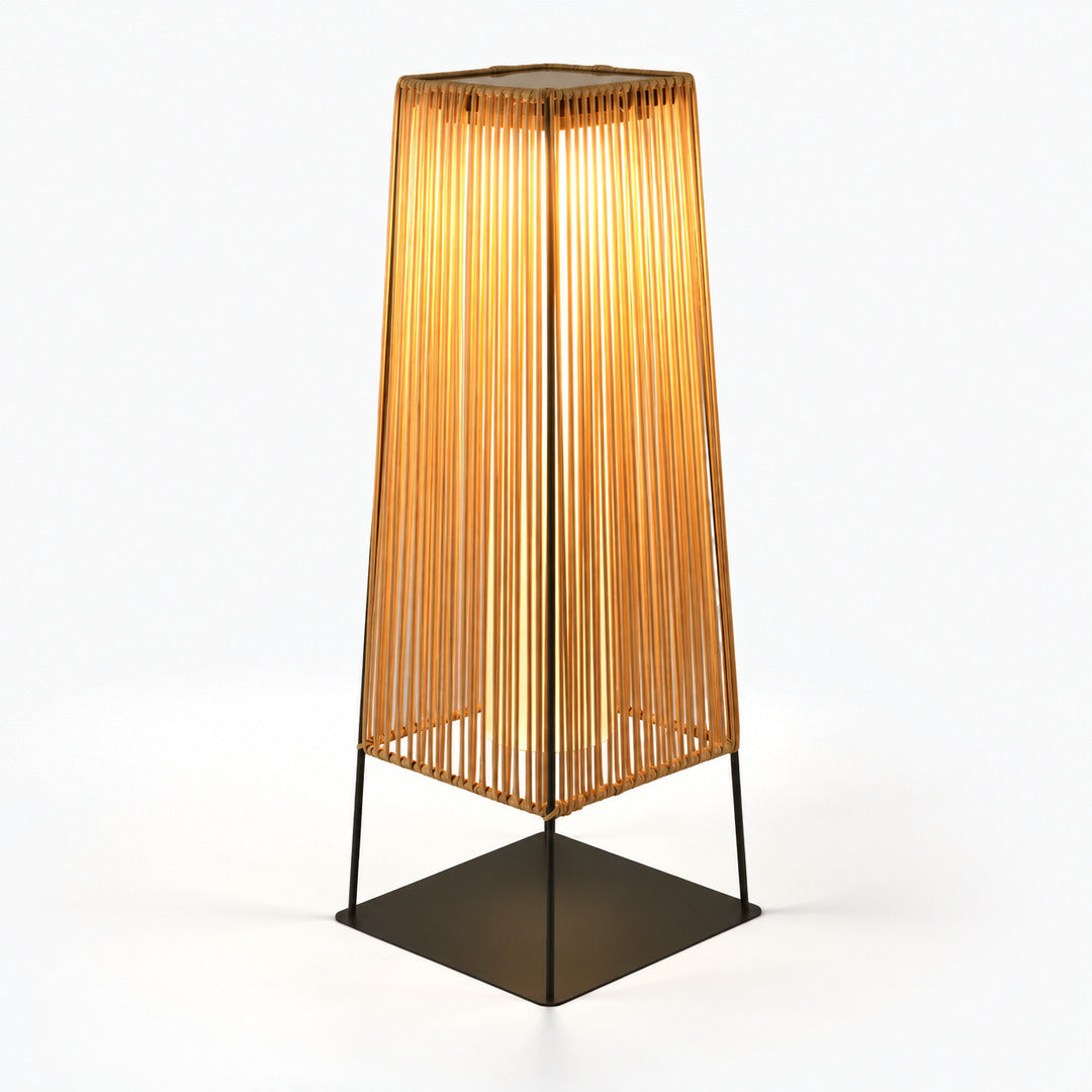 Close-up of the woven rattan-style texture on the Intreccio outdoor post light casting patterned light