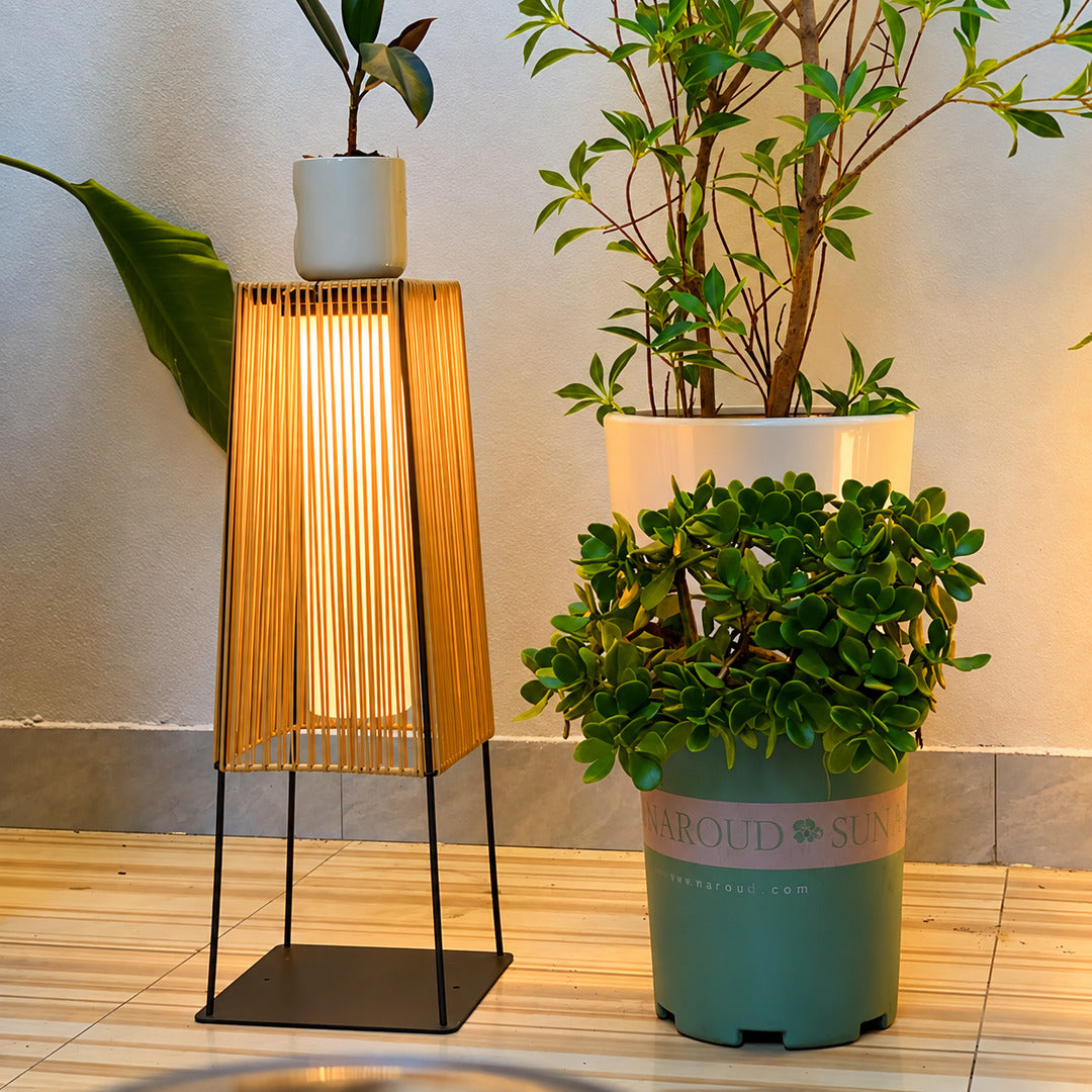 Intreccio outdoor post lights lining a garden bed with a warm woven glow at dusk