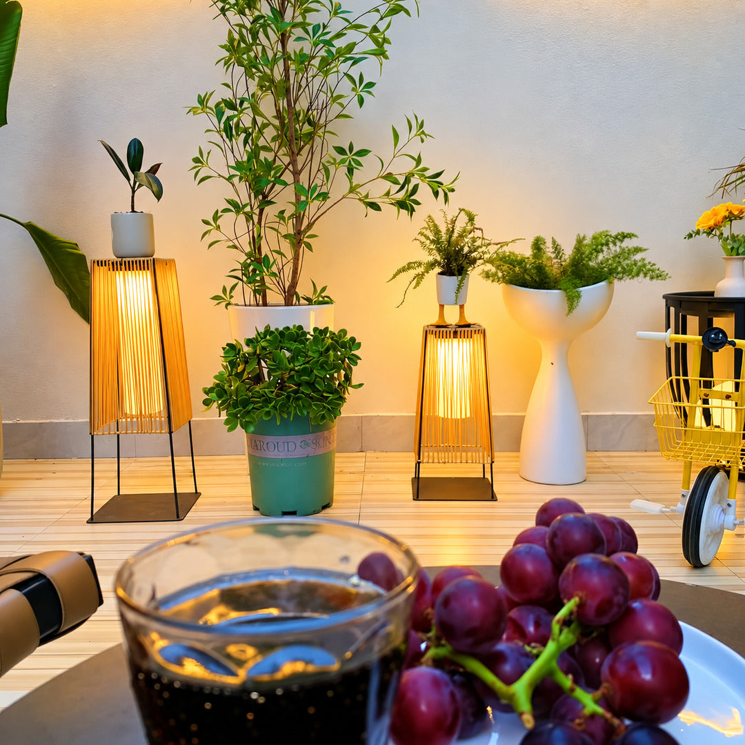 Intreccio outdoor post lights lining a garden bed with a warm woven glow at dusk