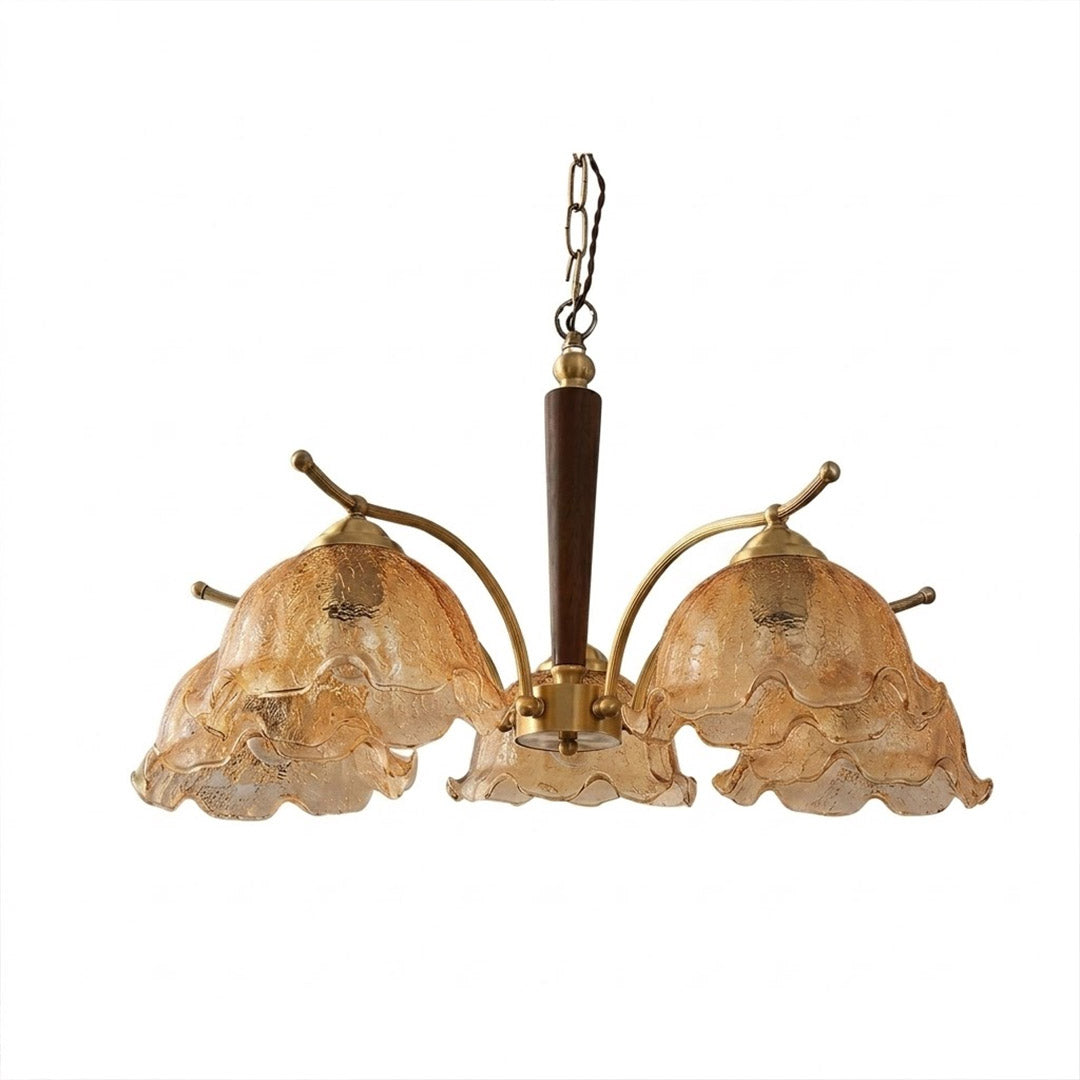 Iris rippled glass wood chandelier 27 inch grand gold metal arms floral cluster wood accents white background
