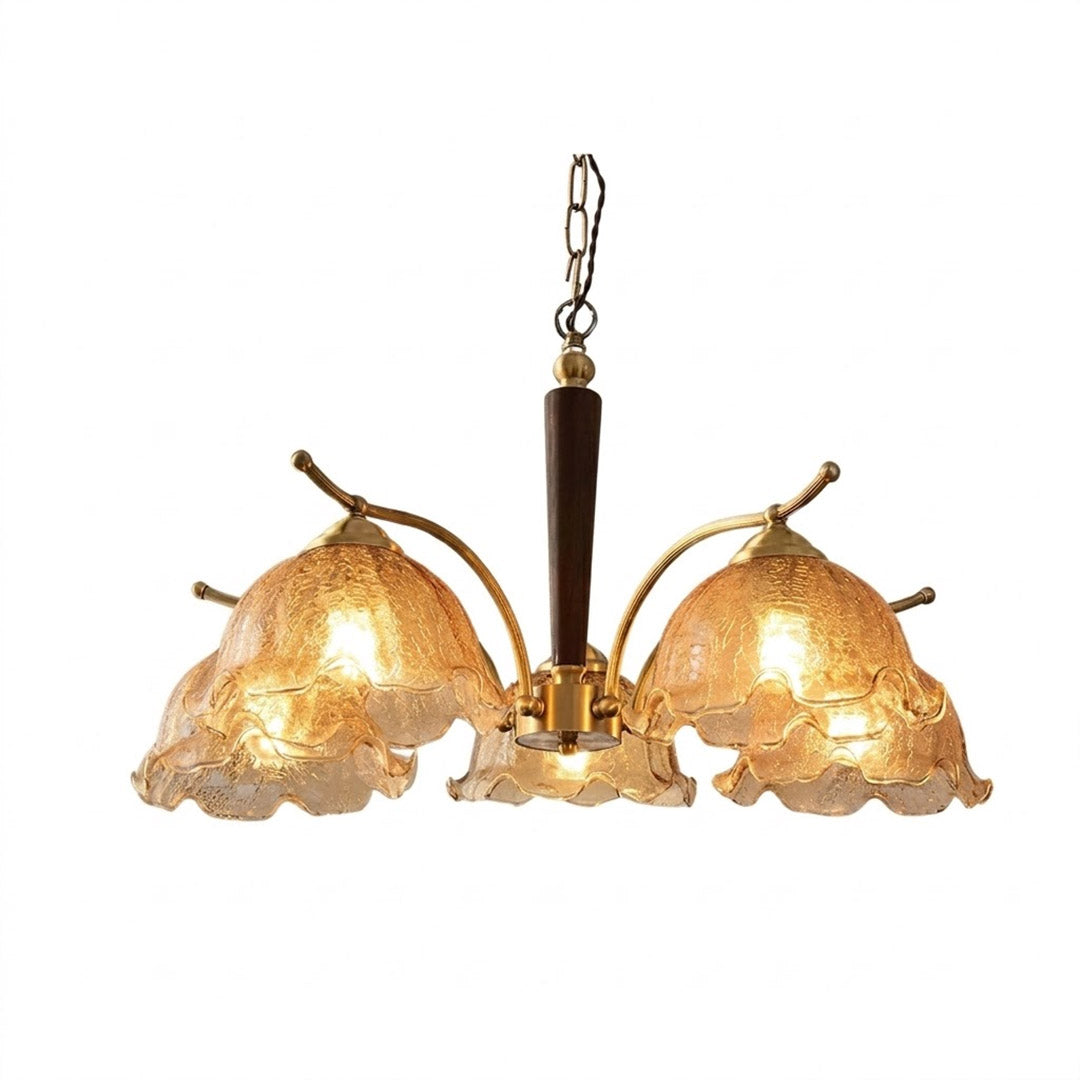 Iris rippled glass wood chandelier 27 inch grand gold metal arms floral cluster wood accents white background