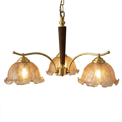 Iris rippled glass wood chandelier 24 inch gold metal arms floral cluster wood accents white background