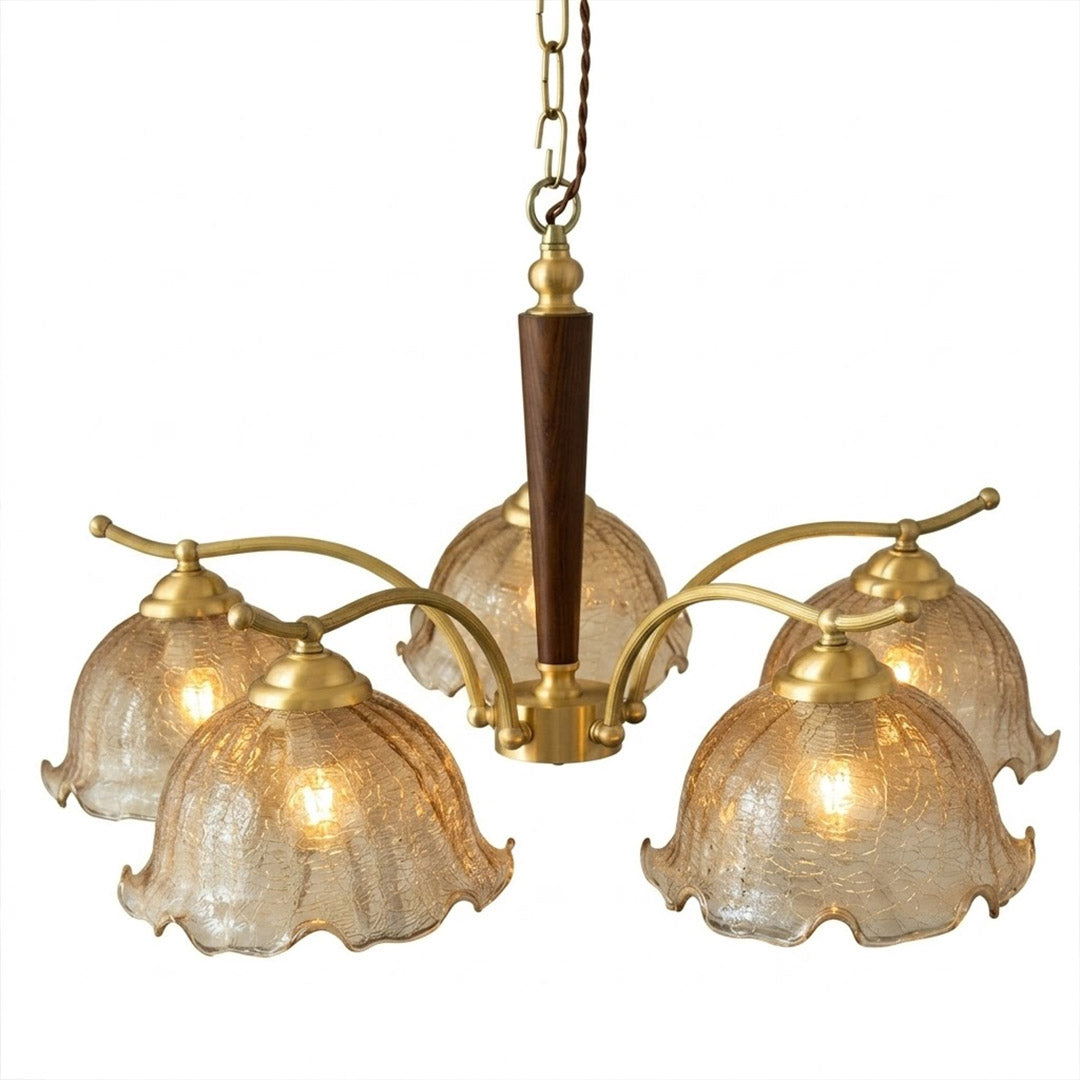 Iris rippled glass wood chandelier 27 inch grand gold metal arms floral cluster wood accents white background