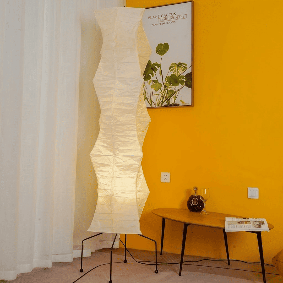 Washi paper floor lamp UF4-33N styling in a warm bedroom.