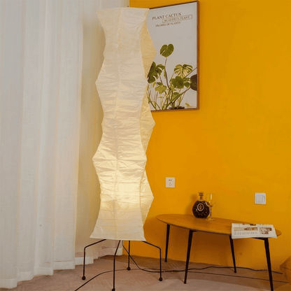 Washi paper floor lamp UF4-33N styling in a warm bedroom.