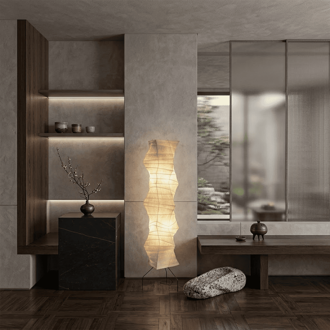 Washi paper floor lamp UF4-33N illuminating a minimalist living room.