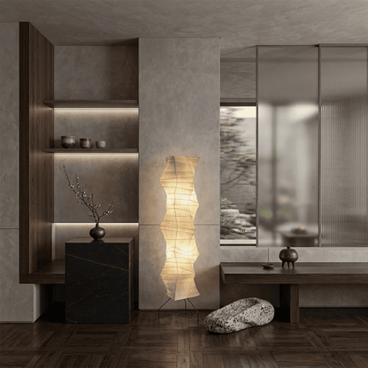 Washi paper floor lamp UF4-33N illuminating a minimalist living room.