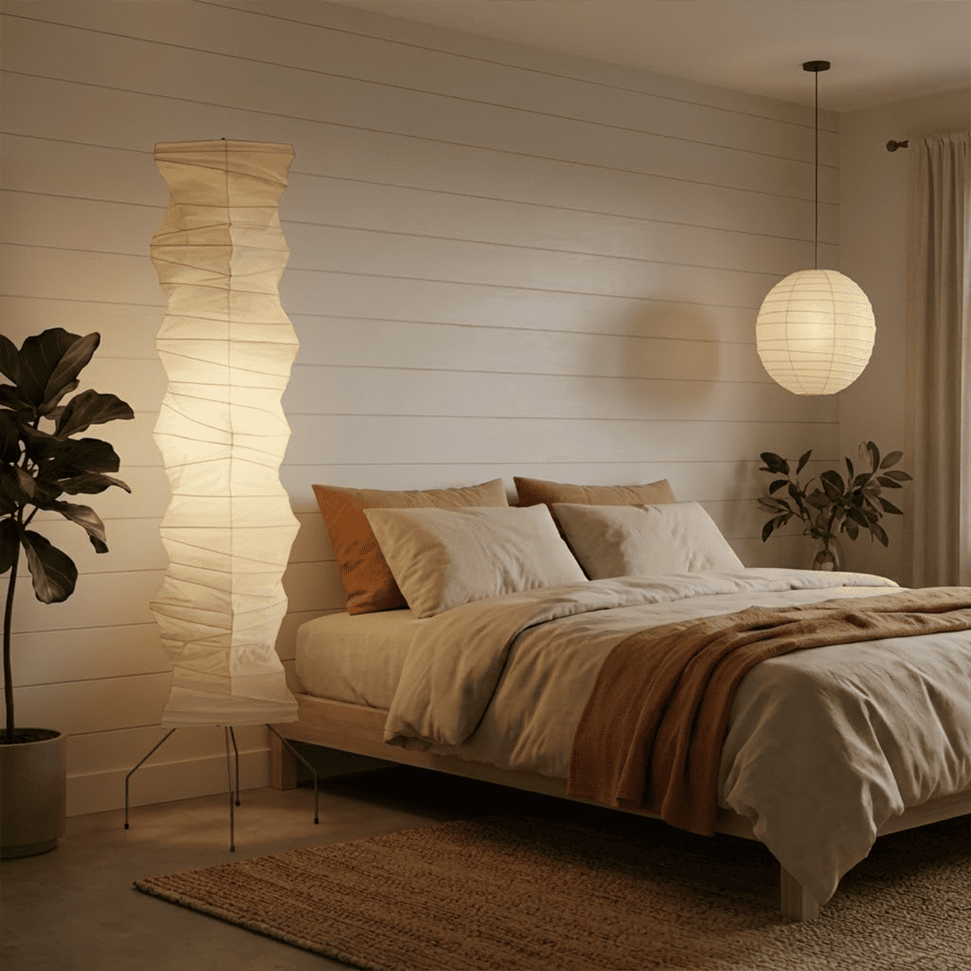 Washi paper floor lamp UF4-33N illuminating a minimalist living room.