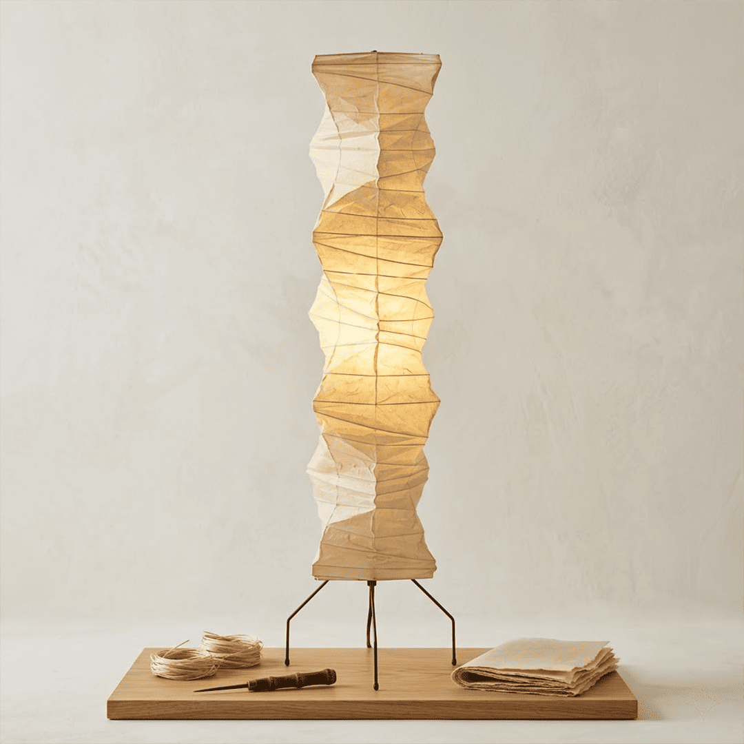 Washi paper floor lamp UF4-33N styling in a warm bedroom.