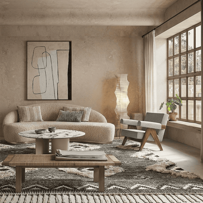 Washi paper floor lamp UF4-33N styling in a warm bedroom.