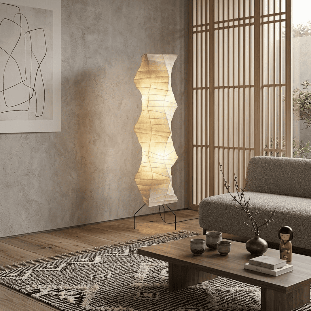 Washi paper floor lamp UF4-33N styling in a warm bedroom.