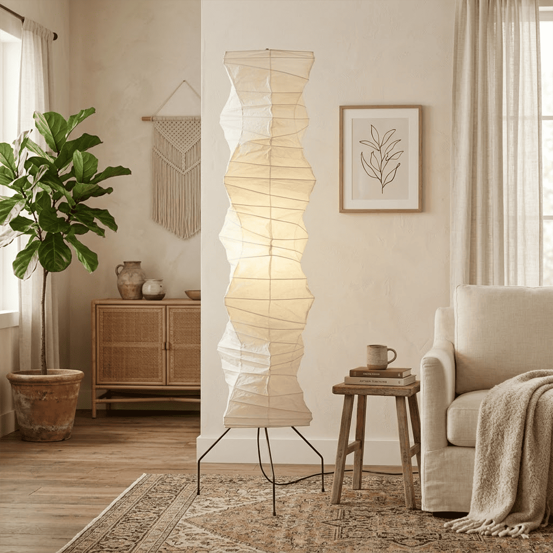 Washi paper floor lamp UF4-33N styling in a warm bedroom.