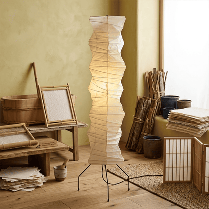 Washi paper floor lamp UF4-33N styling in a warm bedroom.