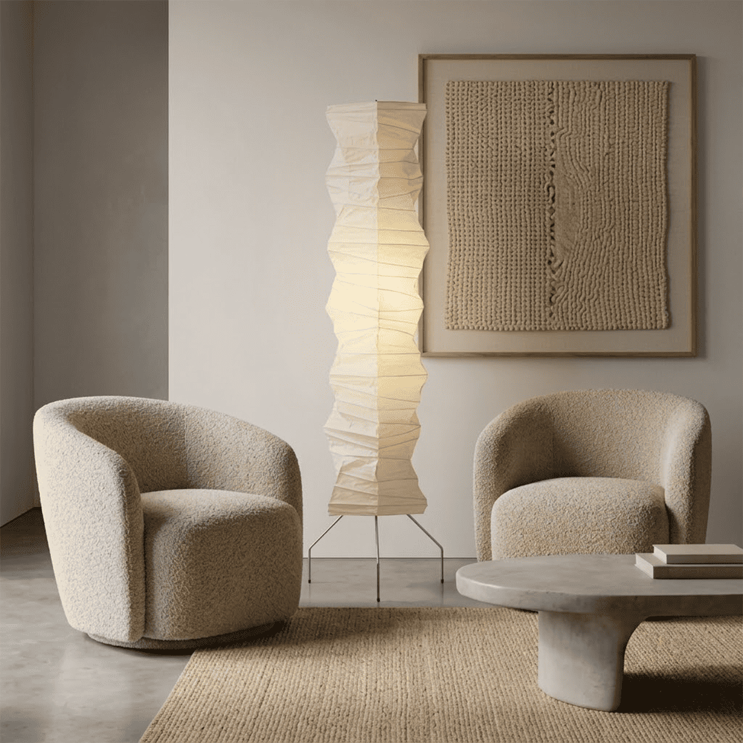 Washi paper floor lamp UF4-33N styling in a warm bedroom.