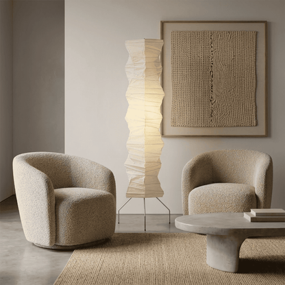 Washi paper floor lamp UF4-33N styling in a warm bedroom.