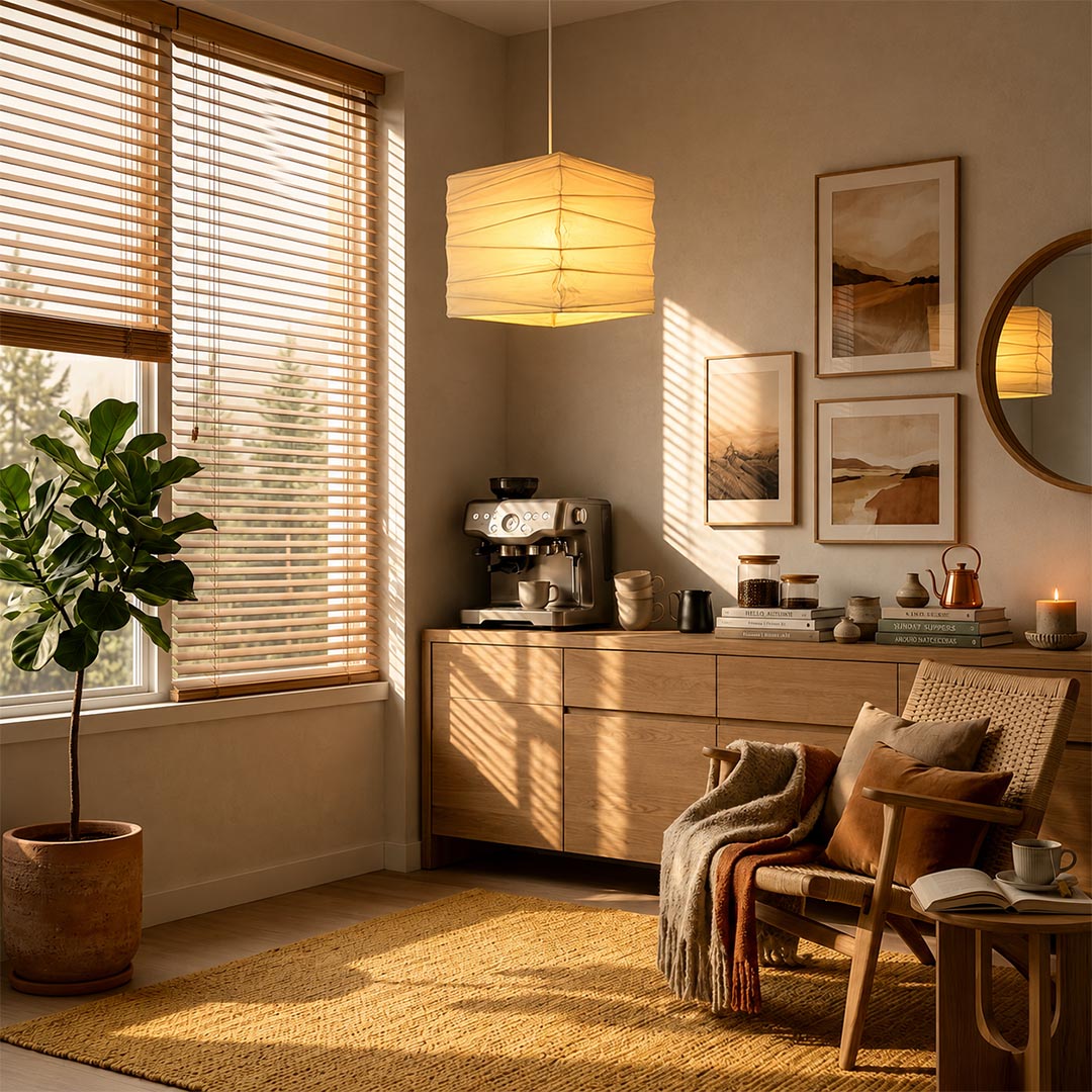Square Japanese-style lantern pendant light casting a warm glow over a wooden dining credenza by Stuber Lighting.