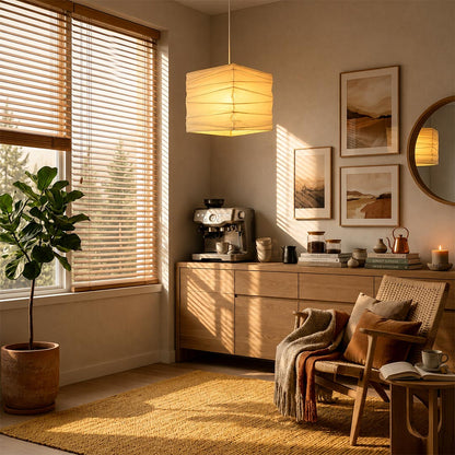 Square Japanese-style lantern pendant light casting a warm glow over a wooden dining credenza by Stuber Lighting.