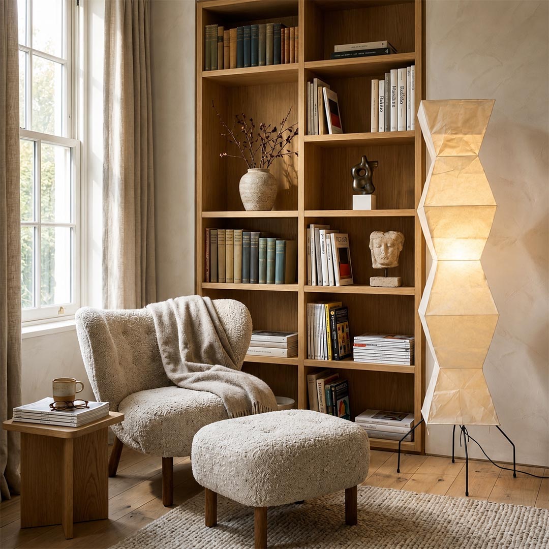 Sunlit Japandi room corner showcasing a glowing Akari UF4-L9 Floor Lamp near a plush lounge chair by Stuber Lighting.