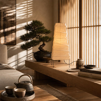 Zen inspired Washi Paper 4N Lamp lighting up a traditional Japanese tea room with shoji screens by Stuber Lighting.