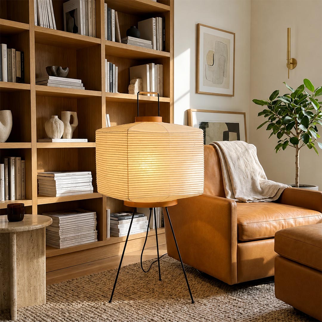 Japanese style square Washi Paper 9A Lamp illuminating a cozy mid-century library corner with a leather lounge chair by Stuber Lighting.