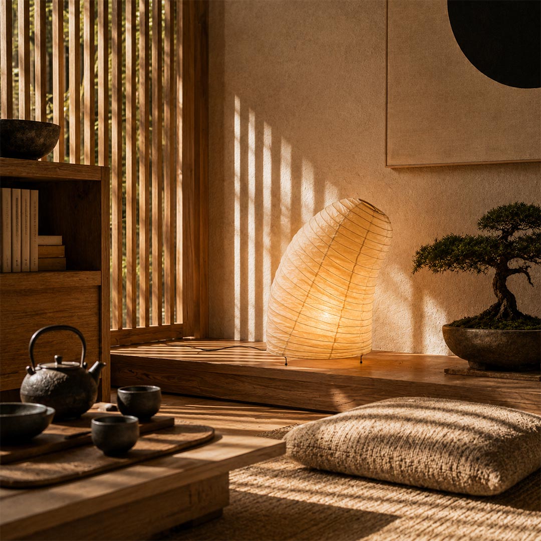 Zen inspired Washi Paper VB-13T Table Lamp illuminating a traditional Japanese tatami room with morning sun rays by Stuber Lighting.