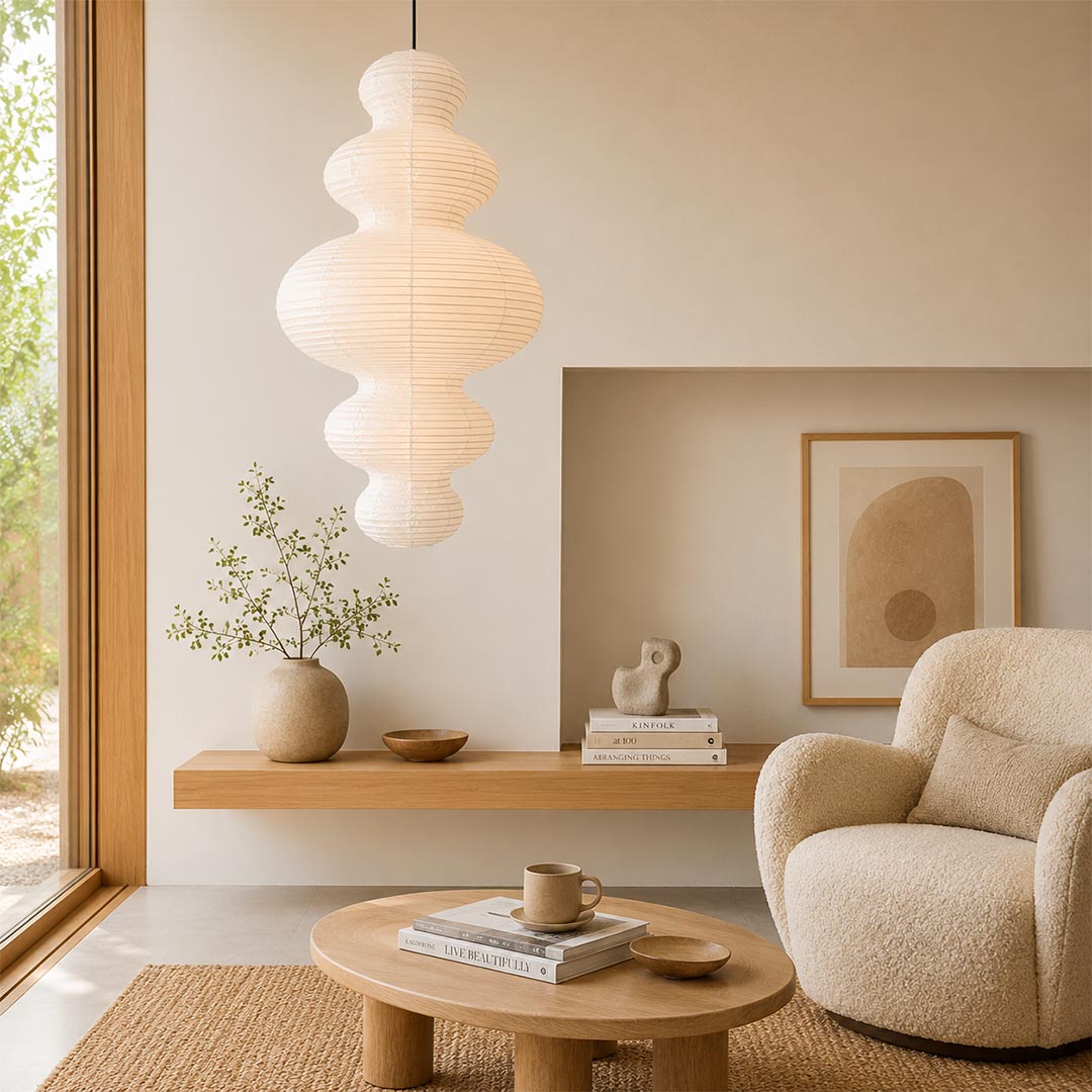 Multi-tier Stuber Lighting rice paper pendant light glowing in a minimalist entryway corner, cozy Wabi-Sabi interior design with a lounge chair.