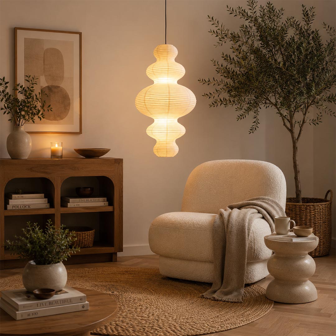 Multi-tier Stuber Lighting rice paper pendant light glowing in a minimalist entryway corner, cozy Wabi-Sabi interior design with a lounge chair.