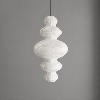 Studio shot of the Stuber Lighting multi-tier bubble shaped rice paper pendant lamp against a neutral gray background, highlighting its unique silhouette.