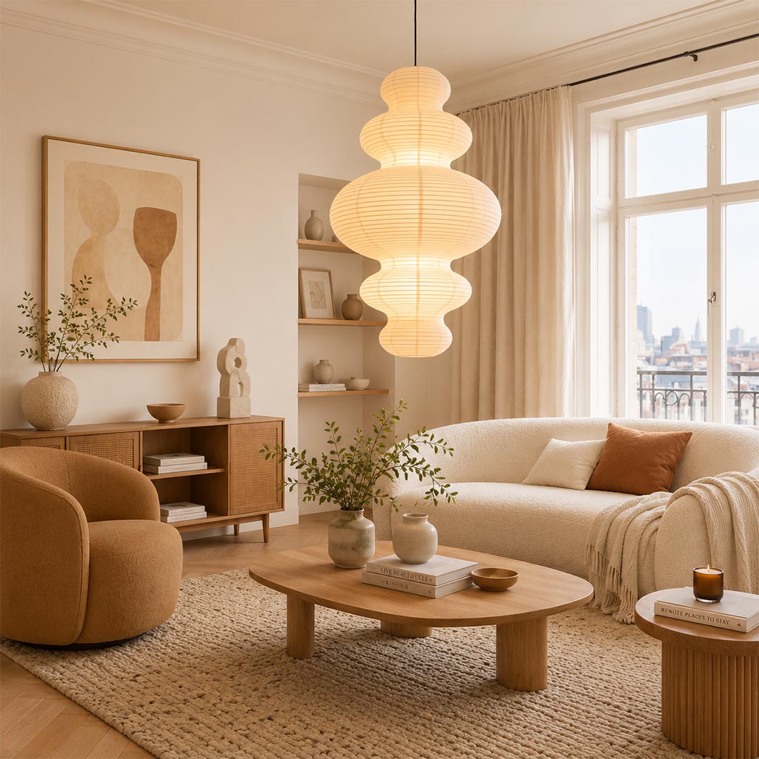 Large multi-tier Japanese bubble paper hanging light fixture by Stuber Lighting in a spacious high-ceiling living room with a large sectional sofa