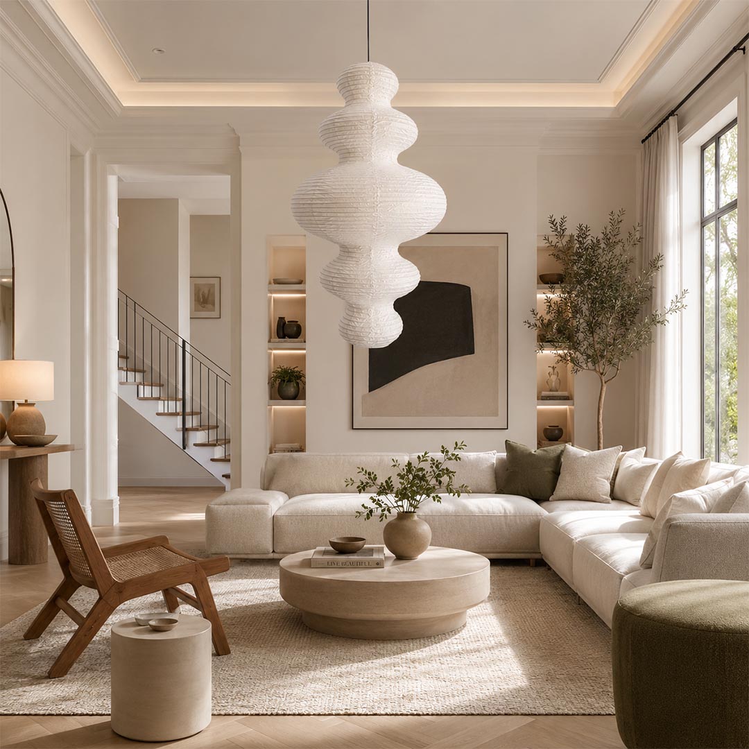 Large multi-tier Japanese bubble paper hanging light fixture by Stuber Lighting in a spacious high-ceiling living room with a large sectional sofa