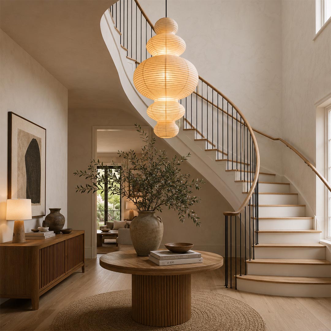 Large multi-tier Japanese bubble paper hanging light fixture by Stuber Lighting in a spacious high-ceiling living room with a large sectional sofa.