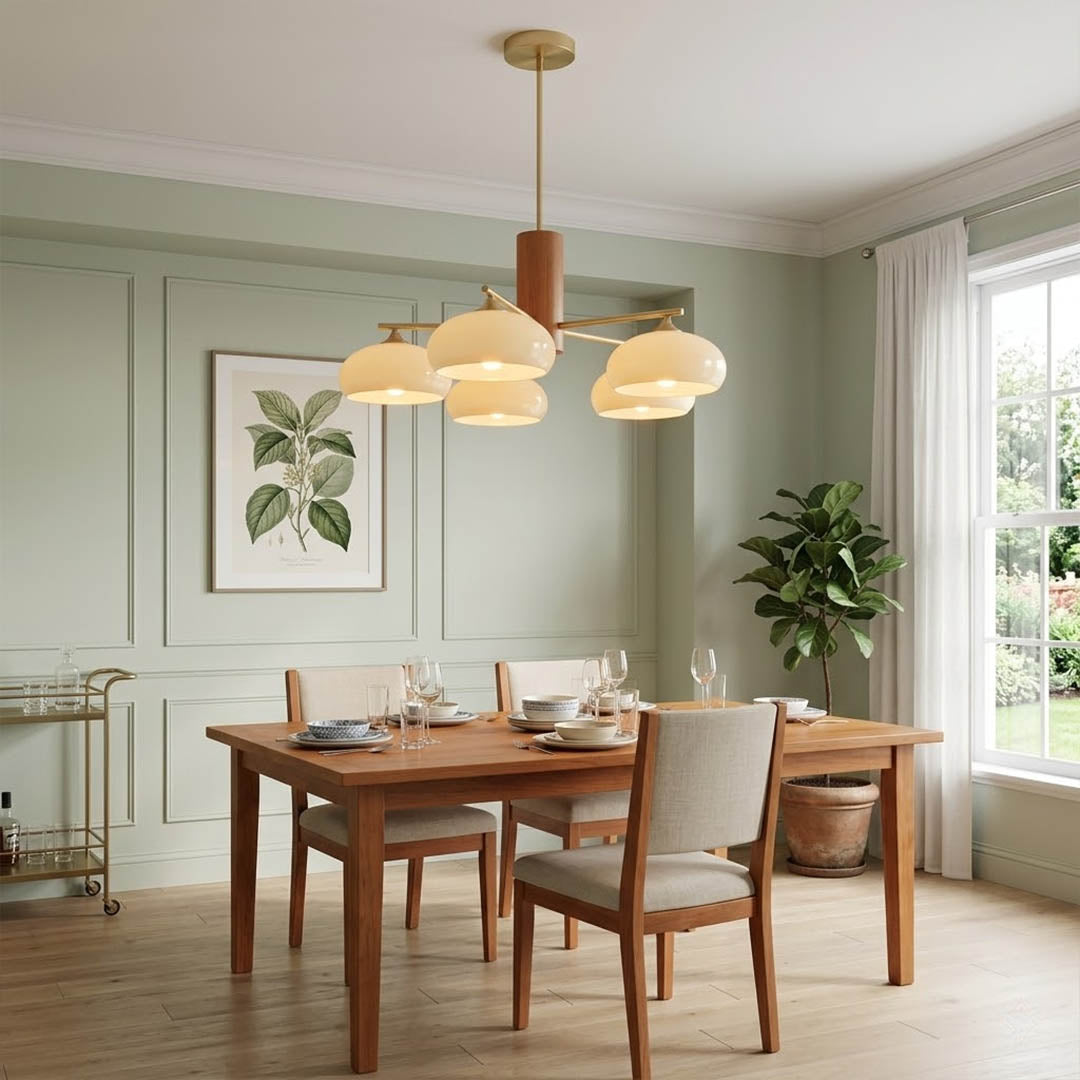 Juno brass chandelier above dining table warm glow glass shades elegant interior