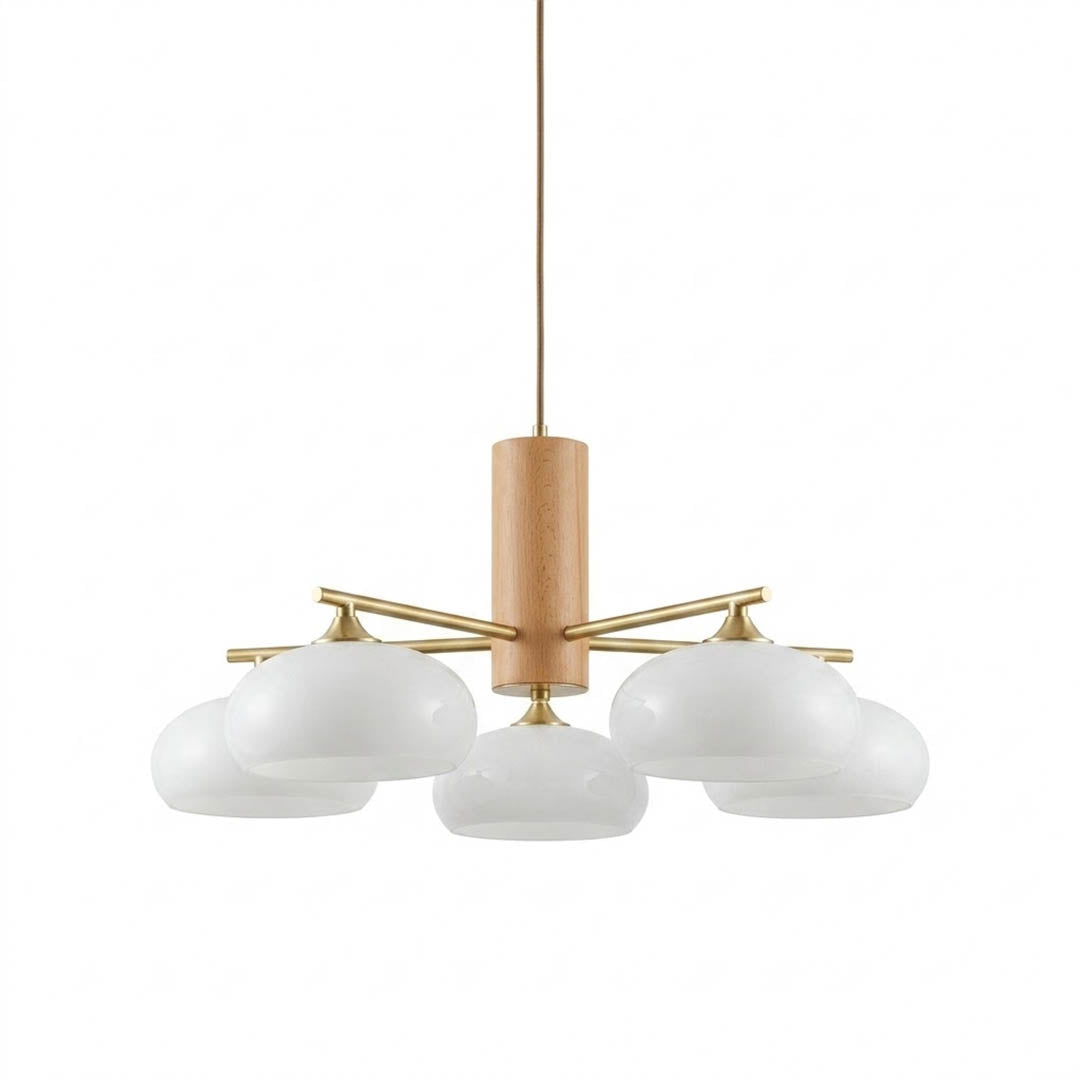 Juno brass chandelier 5-light white glass shade dining room fixture white background