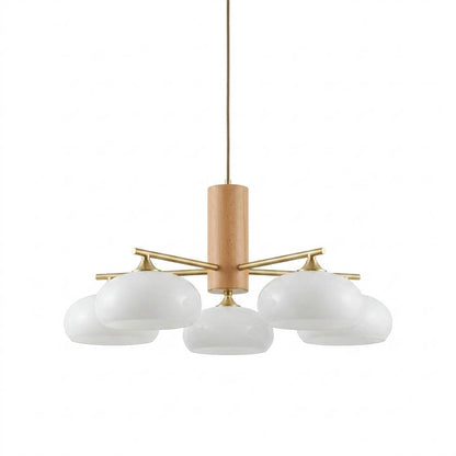 Juno brass chandelier 5-light white glass shade dining room fixture white background