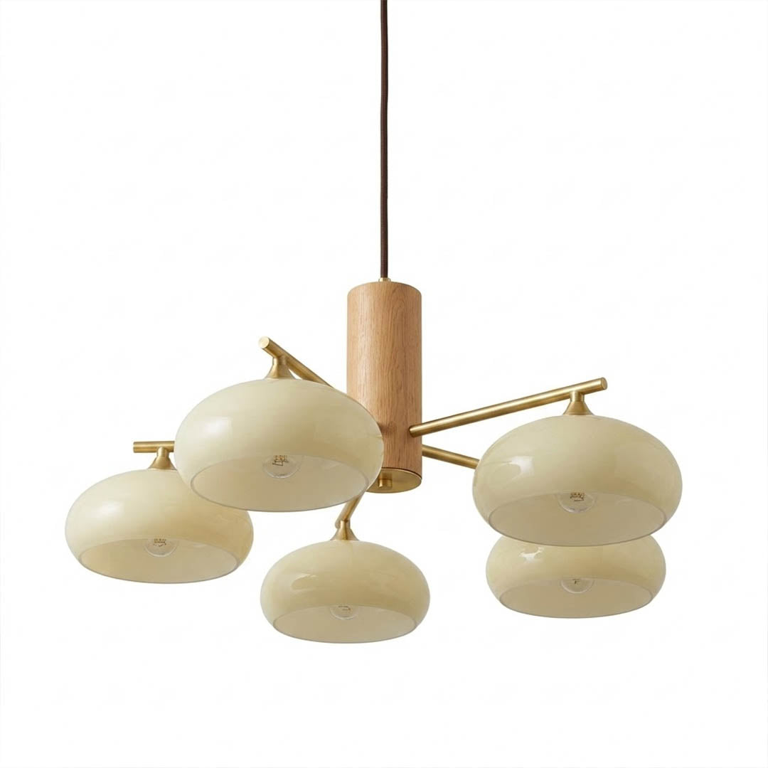 Juno brass chandelier 5-light beige glass shade dining room fixture white background